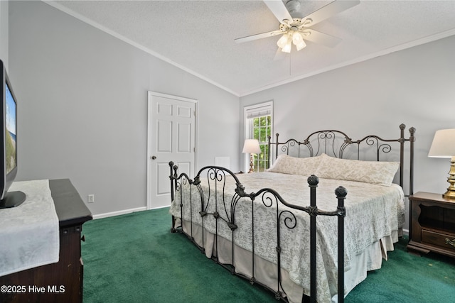 bedroom featuring a textured ceiling, crown molding, vaulted ceiling, and carpet floors