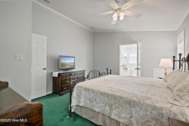 bedroom featuring ornamental molding, multiple windows, and carpet