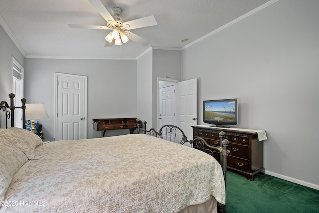 carpeted bedroom with ornamental molding, ceiling fan, vaulted ceiling, and baseboards