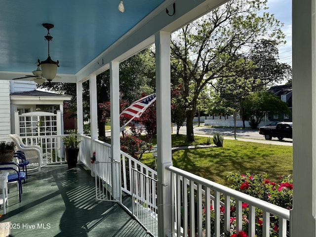 exterior space featuring ceiling fan and covered porch