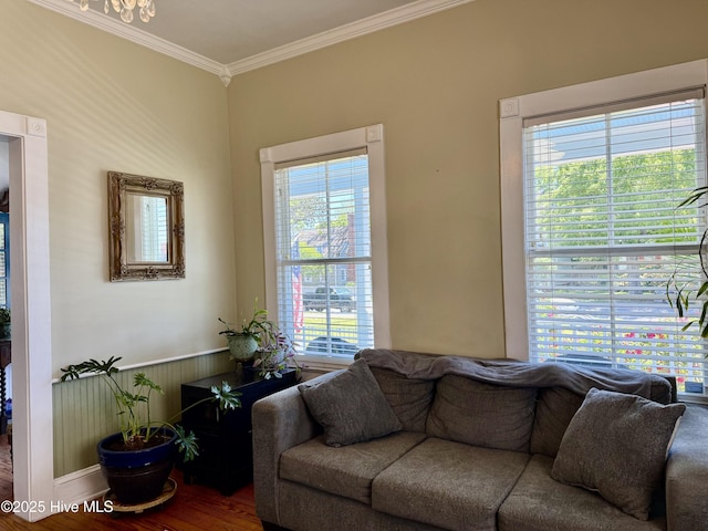 living area featuring crown molding and wood finished floors