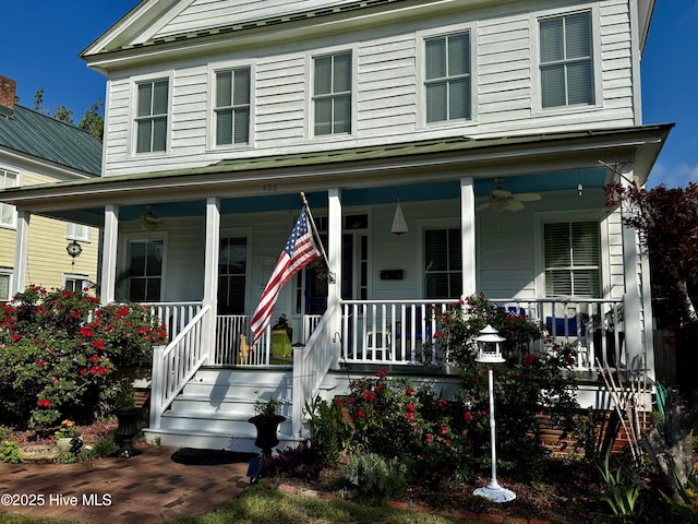 view of front of property featuring covered porch and ceiling fan