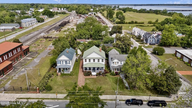 aerial view with a water view and a residential view