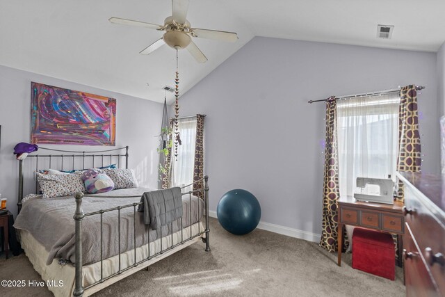 bedroom featuring visible vents, carpet flooring, ceiling fan, and lofted ceiling