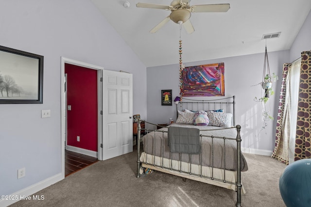bedroom featuring carpet flooring, ceiling fan, baseboards, vaulted ceiling, and visible vents