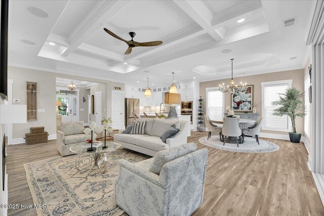 419 Glenn Ellen Dr, Wilmington, NC 28412 - living room with ceiling fan with notable chandelier, ornamental molding, coffered ceiling, and light wood-style flooring