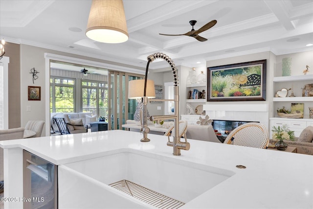 419 Glenn Ellen Dr, Wilmington, NC 28412 - kitchen featuring crown molding, open floor plan, coffered ceiling, and ceiling fan