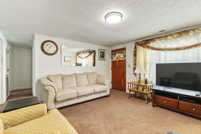 living area featuring carpet floors, a textured ceiling, visible vents, and attic access