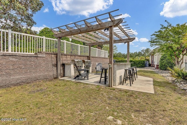 view of patio / terrace featuring outdoor dry bar, fence, and a pergola