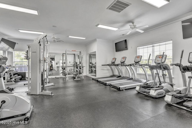 exercise room with a ceiling fan, ornamental molding, and visible vents