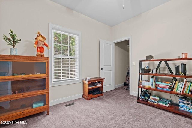 misc room with baseboards, visible vents, and carpet