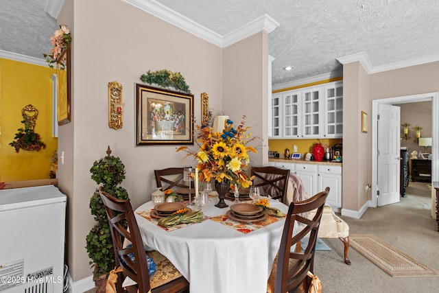 3332 Belt Rd, Castle Hayne, NC 28429 - dining room with a textured ceiling, crown molding, light carpet, baseboards, and recessed lighting