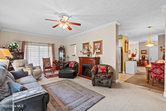 3332 Belt Rd, Castle Hayne, NC 28429 - living area with a ceiling fan, light carpet, ornamental molding, and a fireplace