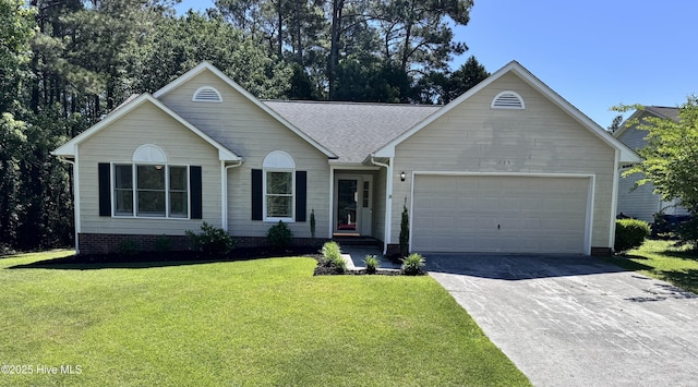 ranch-style home with roof with shingles, an attached garage, driveway, and a front lawn
