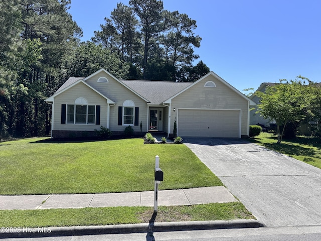 ranch-style house featuring concrete driveway, an attached garage, and a front yard