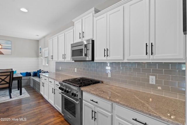 kitchen featuring stainless steel appliances, white cabinetry, light stone counters, dark wood-type flooring, and wainscoting