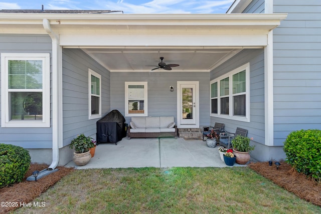 view of patio / terrace featuring a ceiling fan and area for grilling