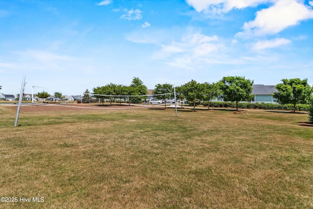 view of green lawn with volleyball court