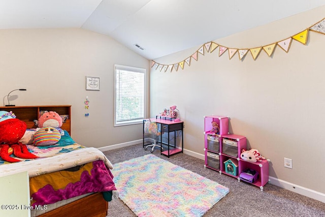 bedroom with carpet flooring, baseboards, visible vents, and lofted ceiling