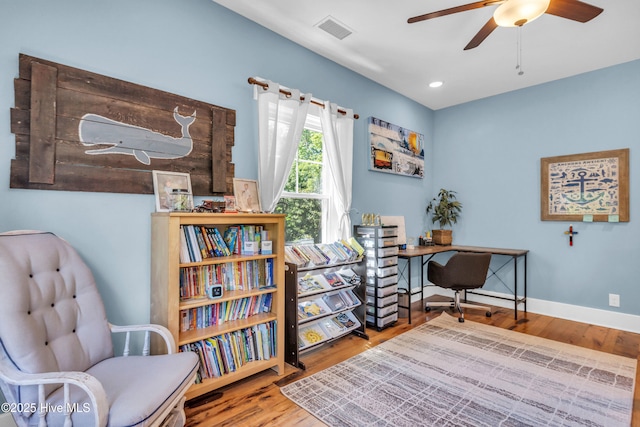 office area with a ceiling fan, baseboards, recessed lighting, wood finished floors, and visible vents