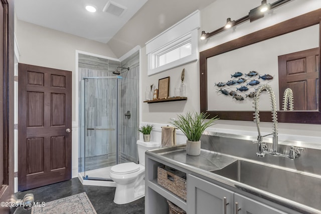 full bath with vanity, a stall shower, toilet, and visible vents