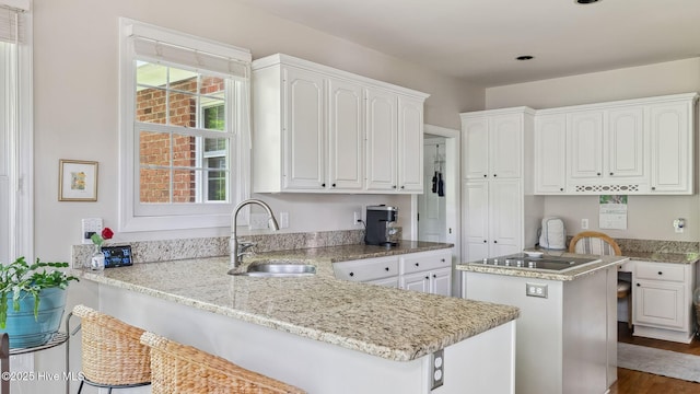 kitchen featuring white cabinets, dark wood-style flooring, light stone countertops, a sink, and a peninsula
