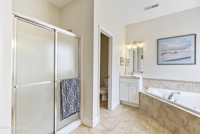 3733 Winstead Cir, Southport, NC 28461 - full bathroom featuring a garden tub, visible vents, vanity, toilet, and a stall shower