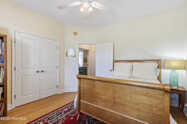 3733 Winstead Cir, Southport, NC 28461 - bedroom featuring baseboards, ceiling fan, light wood-style flooring, and a closet