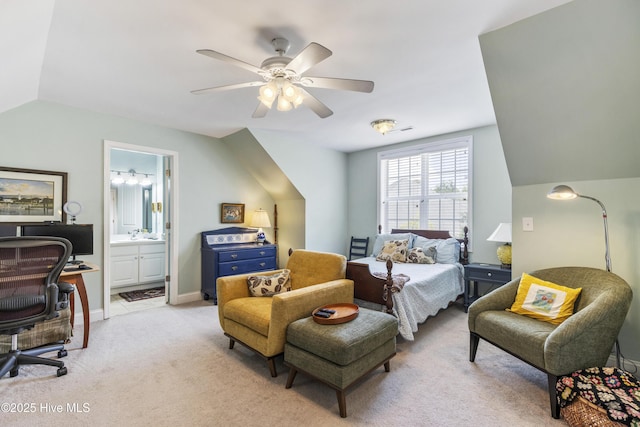 3733 Winstead Cir, Southport, NC 28461 - bedroom with light colored carpet, connected bathroom, ceiling fan, and lofted ceiling