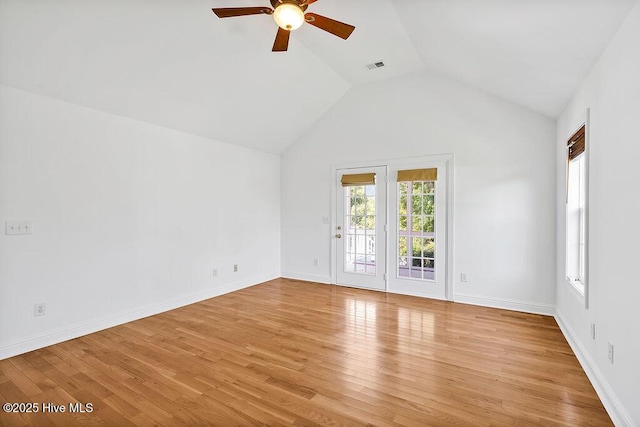 600 Sea Castle Ct, Wilmington, NC 28412 - unfurnished room featuring visible vents, vaulted ceiling, a ceiling fan, baseboards, and light wood-style floors