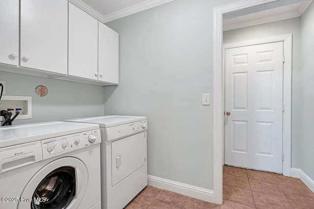 600 Sea Castle Ct, Wilmington, NC 28412 - laundry area with cabinet space, independent washer and dryer, crown molding, light tile patterned floors, and baseboards