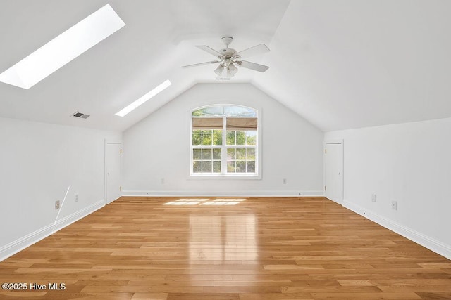 600 Sea Castle Ct, Wilmington, NC 28412 - additional living space with visible vents, light wood-style flooring, a ceiling fan, lofted ceiling with skylight, and baseboards
