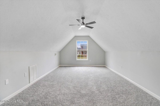 additional living space featuring carpet flooring, a textured ceiling, and visible vents