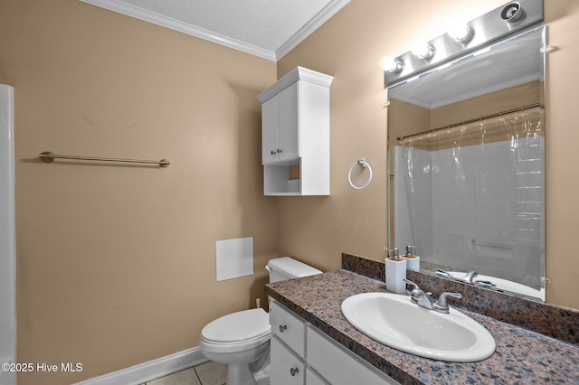 5065 Chris Rd, Bailey, NC 27807 - bathroom featuring curtained shower, tile patterned floors, vanity, toilet, and ornamental molding