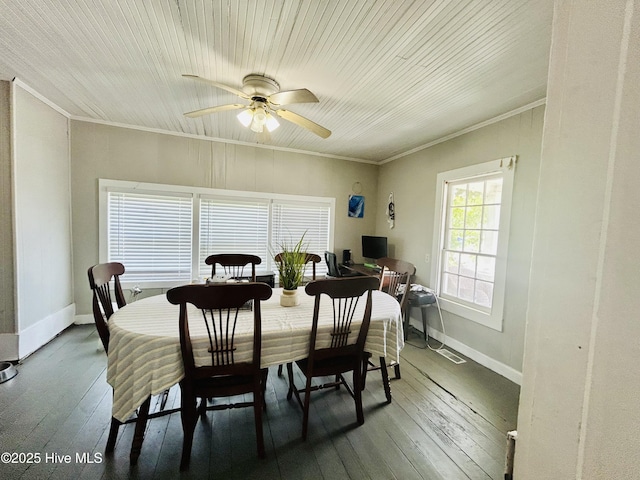 417 Turner St, Beaufort, NC 28516 - dining area with crown molding, ceiling fan, wood-type flooring, and baseboards