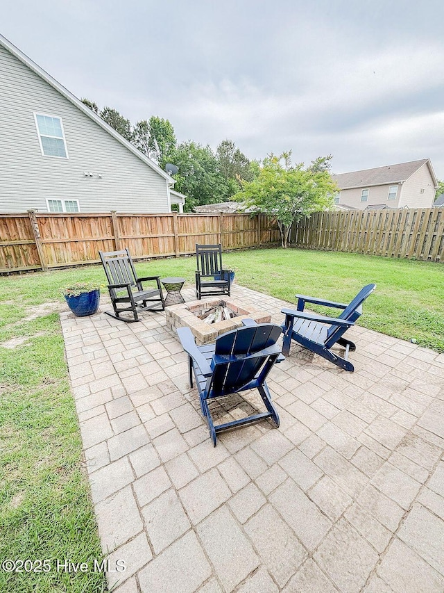 view of patio with a fenced backyard and an outdoor fire pit