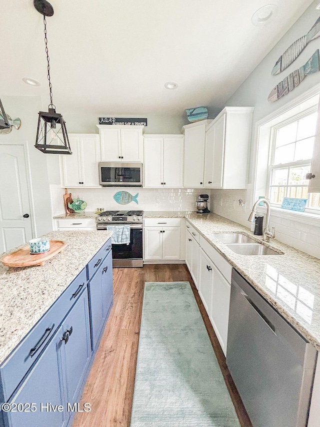 kitchen featuring white cabinets, stainless steel appliances, blue cabinetry, and a sink