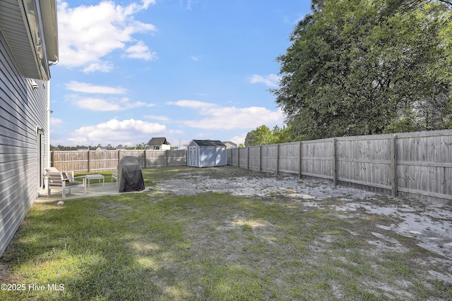 view of yard featuring a storage unit, an outdoor structure, a fenced backyard, and a patio