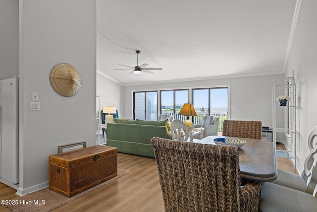 dining room featuring crown molding, a ceiling fan, and light wood-style floors