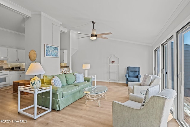 289 Salter Path Rd Unit 32, Pine Knoll Shores, NC 28512 - living room featuring ornamental molding, light wood finished floors, a ceiling fan, and lofted ceiling