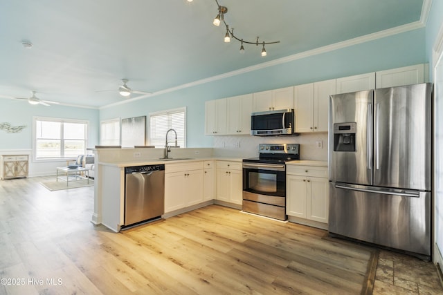 615 N New River Dr Unit E, Surf City, NC 28445 - kitchen with crown molding, appliances with stainless steel finishes, a sink, light wood-style floors, and a ceiling fan