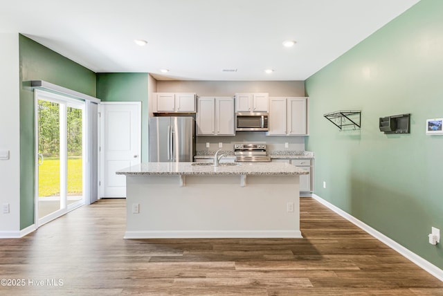 kitchen with baseboards, a sink, an island with sink, and stainless steel appliances