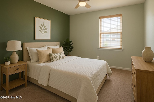 bedroom featuring baseboards, light carpet, ceiling fan, and multiple windows