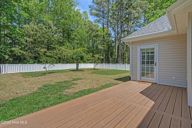 wooden deck featuring a lawn and a fenced backyard