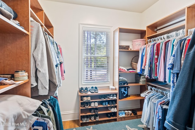 walk in closet with wood finished floors
