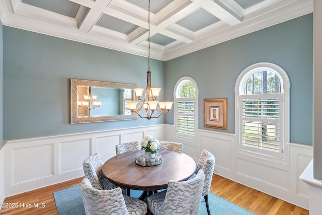 dining space with a chandelier, beam ceiling, coffered ceiling, light wood-style flooring, and wainscoting