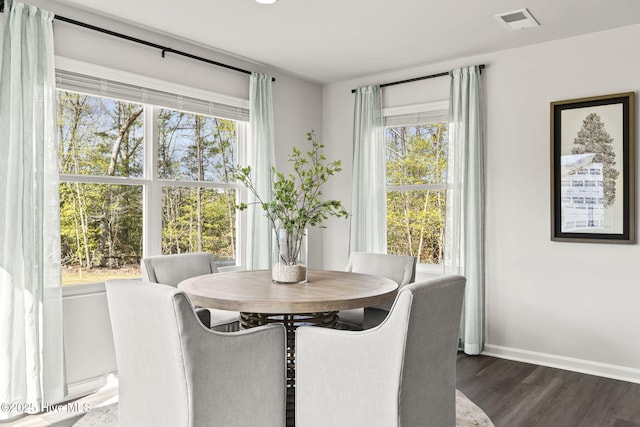 dining area with dark wood-style flooring, baseboards, visible vents, and plenty of natural light