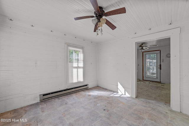 spare room with a ceiling fan and a baseboard heating unit