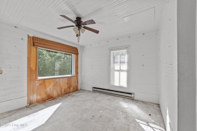 spare room with a ceiling fan, wood walls, and a baseboard radiator