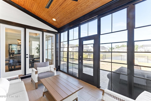 sunroom with french doors, recessed lighting, lofted ceiling, and wooden ceiling